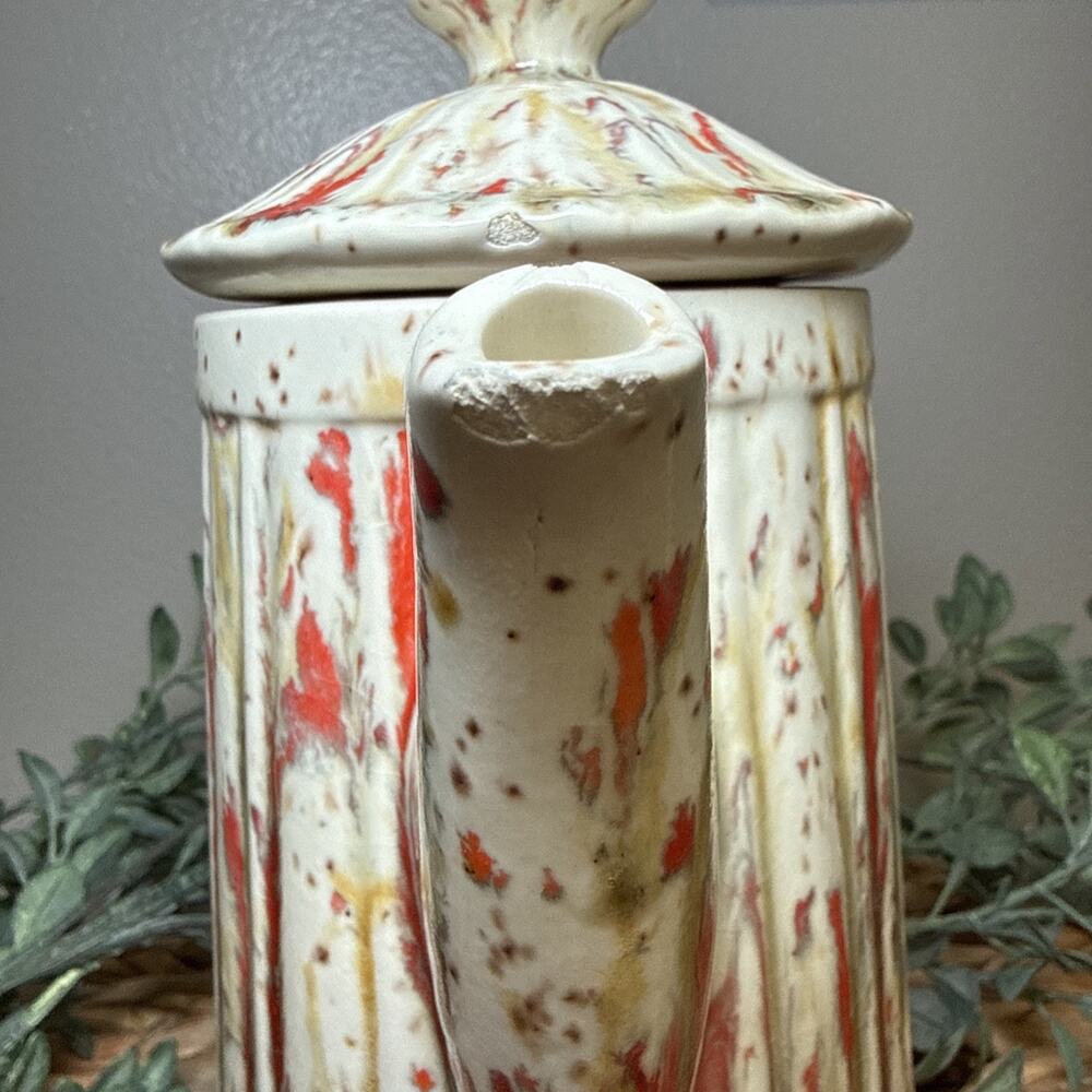 Vintage Studio Pottery Coffee Pot Red Drip Glaze Fluted Ceramic 10” MCM, Chips - Picture 3 of 13